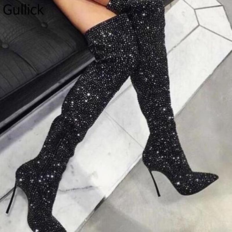 

Gullick Women Black Crystal Over The Knee Boot Sexy Pointed Toe Metal Heels Tight High Boot Side Zipper Winter Long1, As picture
