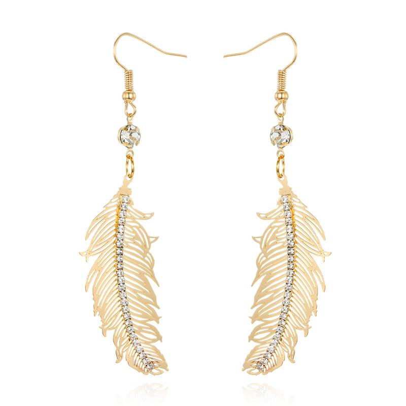 

1Pair European Gold Silver Color Leaf Dangle Earings Rhinestone Feather Statement Earrings For Women Jewelry Party Eardrop E265