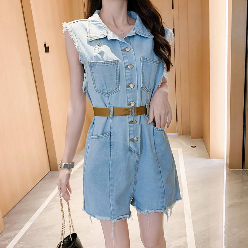 

2020 New women jumpsuit fashion short sleeves with pockets women short denim overalls, Blue