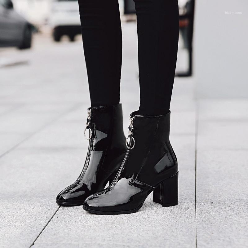 

Women Shoes Zipper Boots Woman Front Big Zipper Open Botas Mid-Calf Botines Winter Thick High Heels Patent Leather Booties1, Black