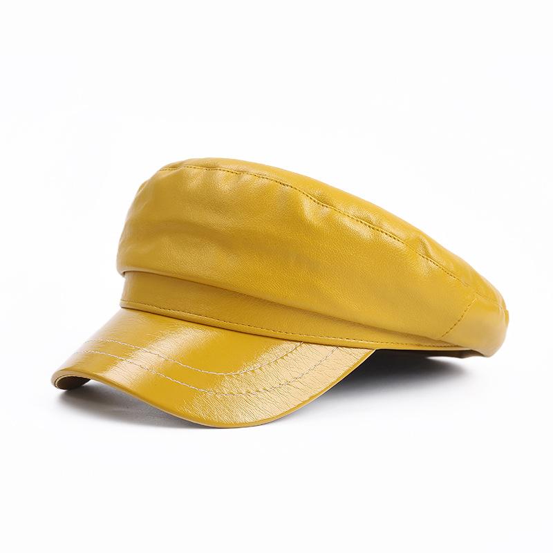 

Retro Women Ladies Autumn Winter Beret Hat PU Leather British Style Flat Top Octagonal Cap Adjustable Female Hat, Black