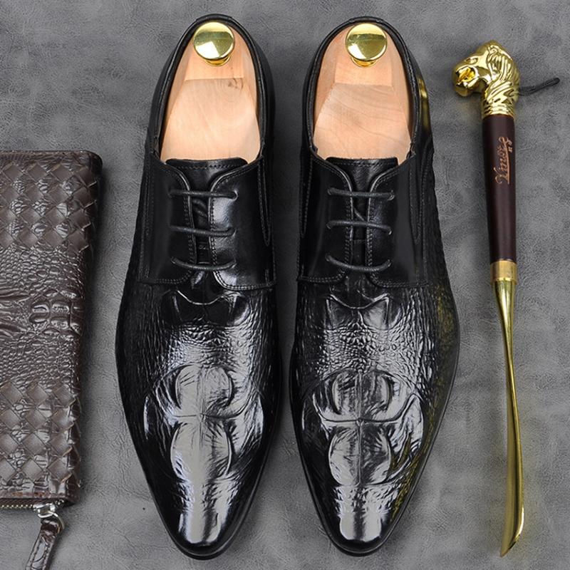 

Elegant Genuine Leather Formal Men's Derby Oxfords Shoes Alligator Pattern Pointed Toe Handmade Modern Party Footwear AM196, Black
