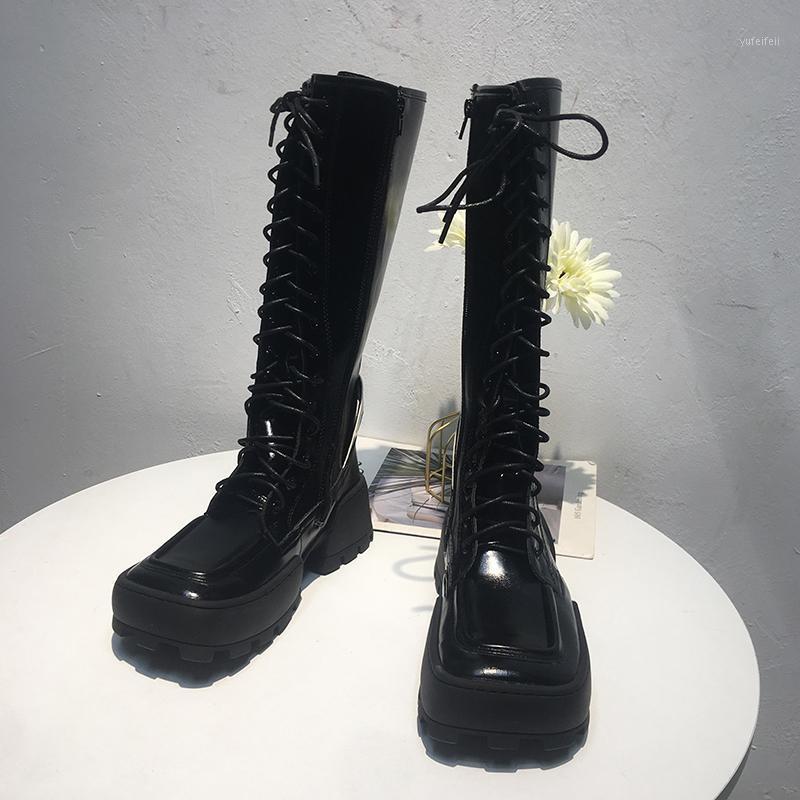 

DEAT 2020 New Autumn Winter Fashion Round Toe Lace Up Thick Bottom Knee High Leather Single Shoes Women Short Cool Boots SG0961, Black