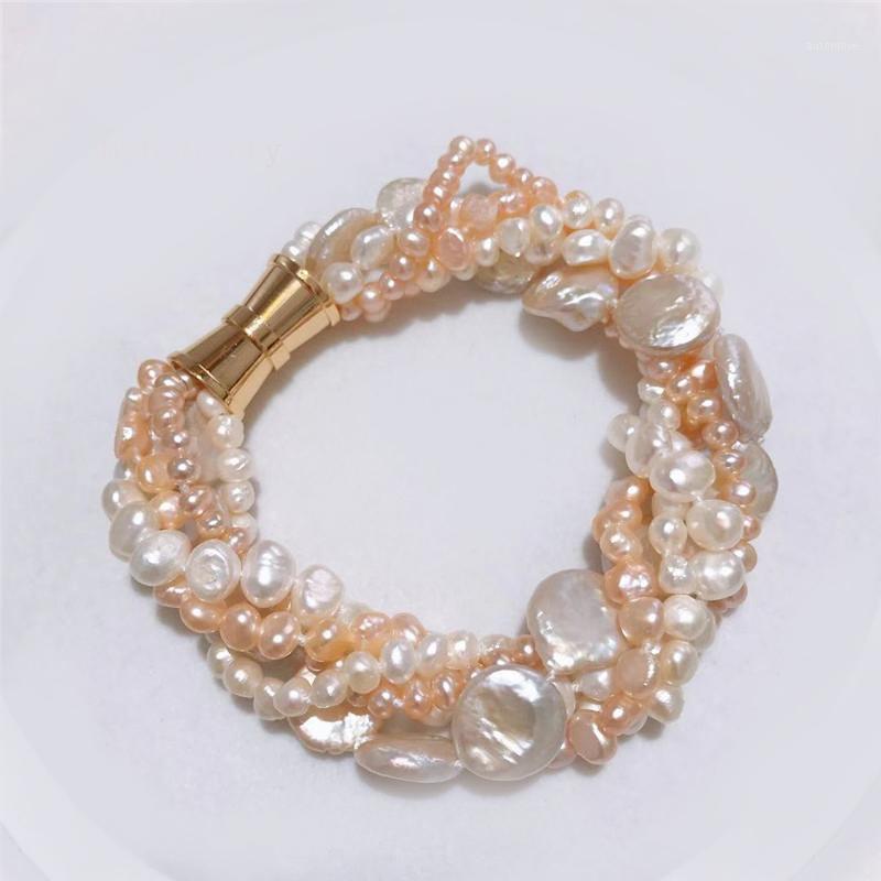 

New 5 strands of natural freshwater irregular 4-6MM pearl 11-13MM cion pearl natural bracelet magnet clasp1