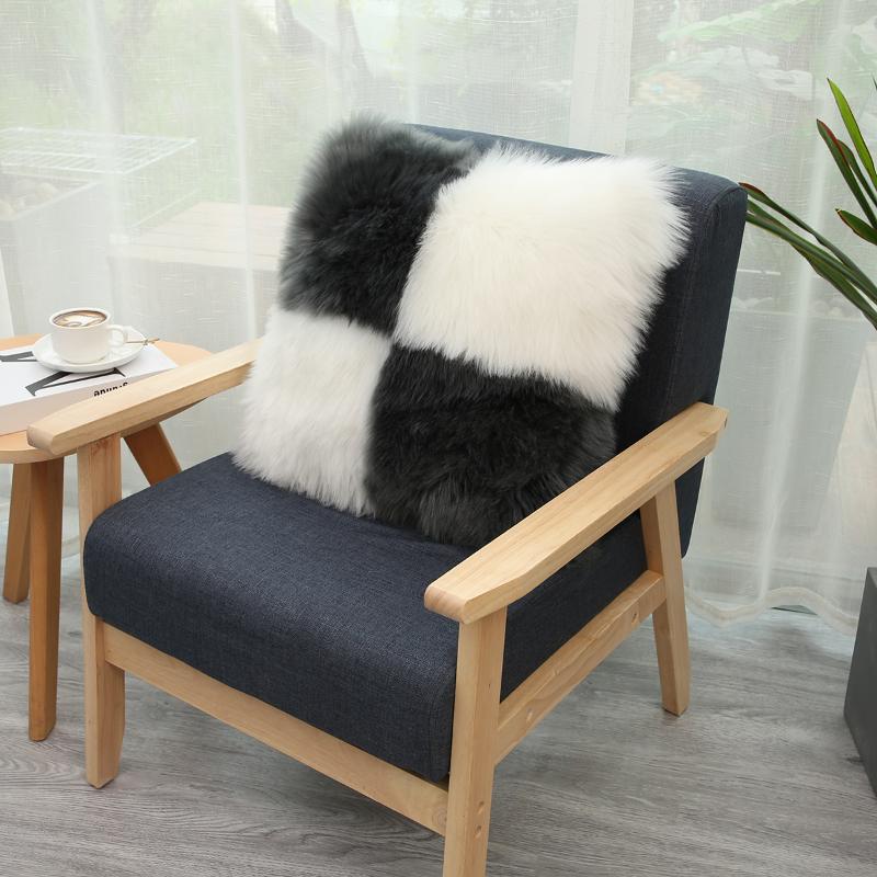 

Artificial Wool Fur Sheepskin Cushion Cover Pillow Cover Contrast Color Soft Plush Shaggy Cushion Sofa Home Decorations Pillow Case, Black-red