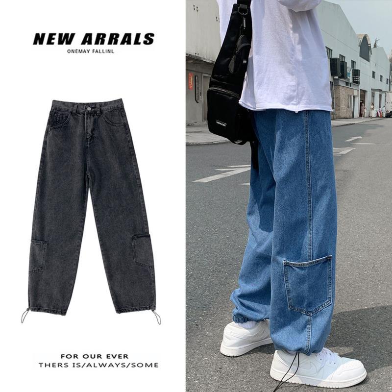 

Korean Style Straight Jeans Men's Fashion Casual Retro Jeans Men Streetwear Wild Loose Hip-hop Multi-pocket Denim Trousers Mens, Blue