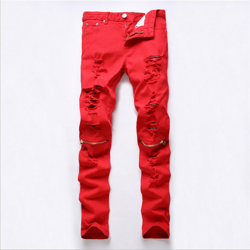 

2021 Novo Homem Multi Zperes Buraco Quebrado Rasgado Dos Homens Vermelho Corredores Magro Clube Noturno Palco Traje Calas Casuais Ayji, White b