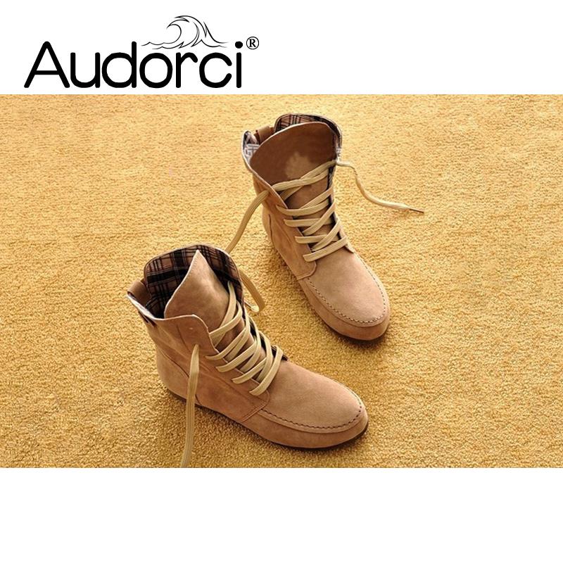 

Audorci 2020 18 Colors Autumn Fashion Women Boots Woman Winter Warm Plush Boots Women Lace-UP Ankle Shoes Plus Size 33-44, Khaki