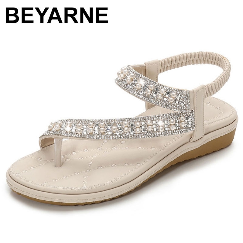 

Sandals BEYARNEwedding women flat summer crystal diamond big white wide ring shoes Y200323, Apricot