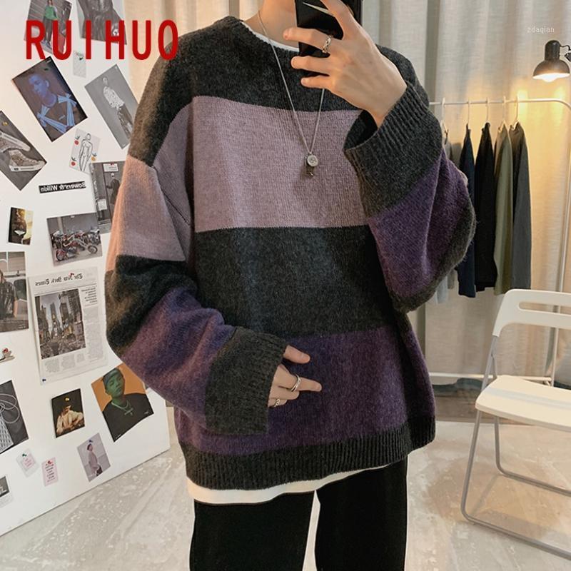 

RUIHUO 2020 Patchwork Men's Sweater Knit Autumn Knitted Vintage Sweater Men Clothes New Arrival -2XL1, Purple