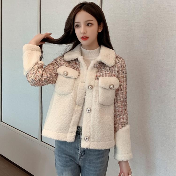 

2021 New Winter Casual Lambswool Tweed Short Jacket Lapel Long Sleeve Women Fashion Coat Female, Photo color
