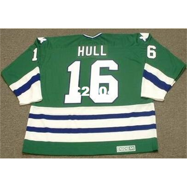 

Mens #16 BOBBY HULL Hartford Whalers 1979 CCM Vintage RETRO Home Hockey Jersey or custom any name or number retro Jersey, Green