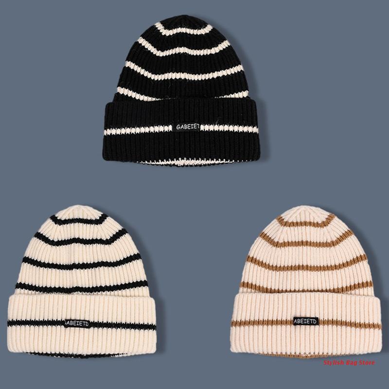 

Unisex Winter Ribbed Knitted Beanie Hat Stripes Letters Label Student Skull Cap, Black