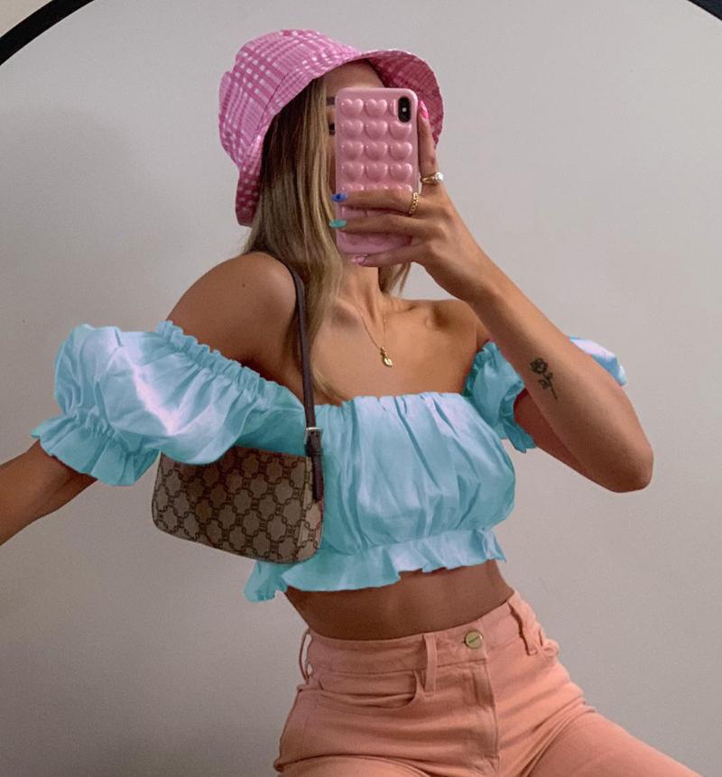 

Summer Ruched Slim Crop top Off Shoulder Women Sexy Ruffles Puff Sleeve Shirt Tops Backless High Streetwear Solid Shirt Blouse, Pink