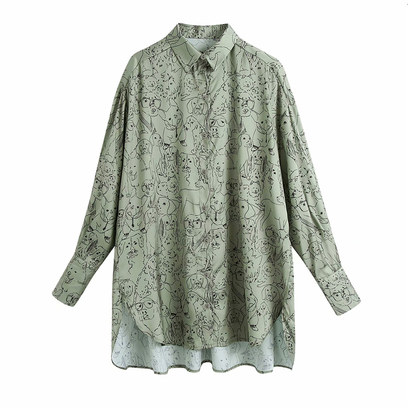 

2021 New Streetwear Listrado Cachorro Impresso Camisa Moda Senhoras Verde Cetim Solto Topo Elegante Feminino Causal Turn Down 53y3, Green