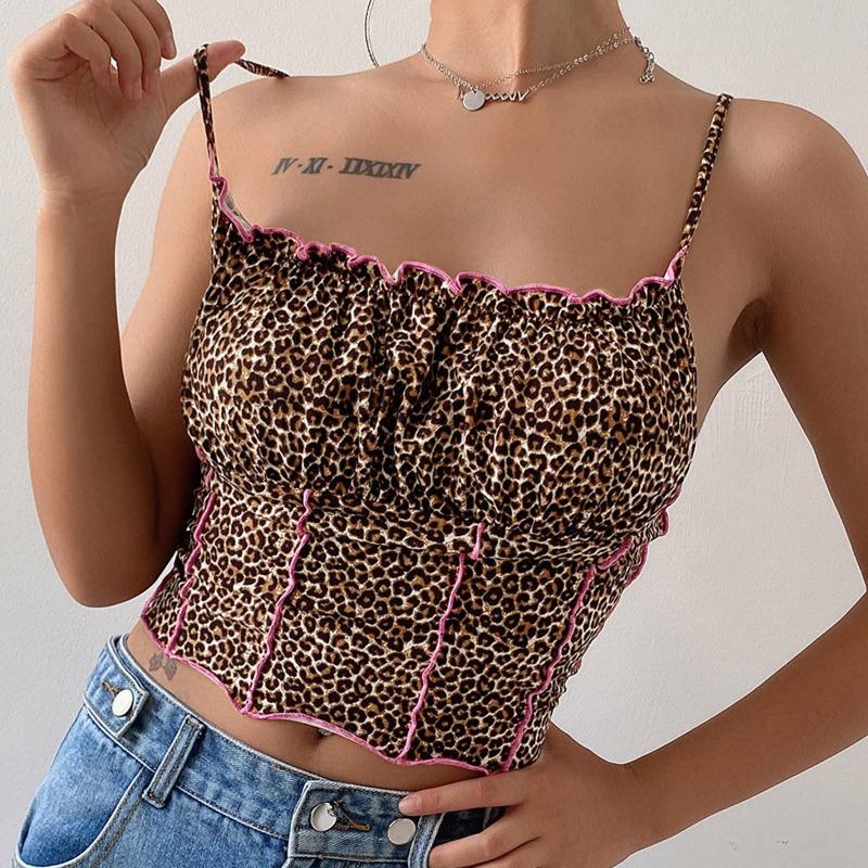 

Fashion Women Tank Tops Leopard Printed Sleeveless Sling Tube Crop Tops Ladies Casual Backless Ruffle Vest Summer Streetwear, As shown
