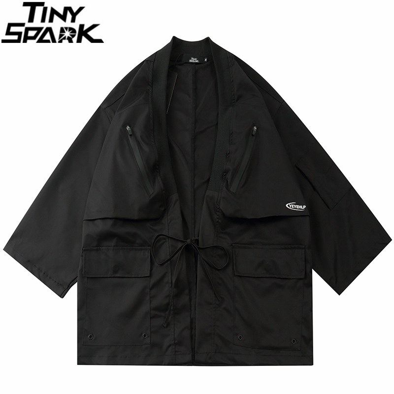 

2020 Japanese Kimono Jacket Zipper Pockets Hip Hop Men Black Jacket Streetwear Japan Style Cardigan Jacket Kimono, A11283