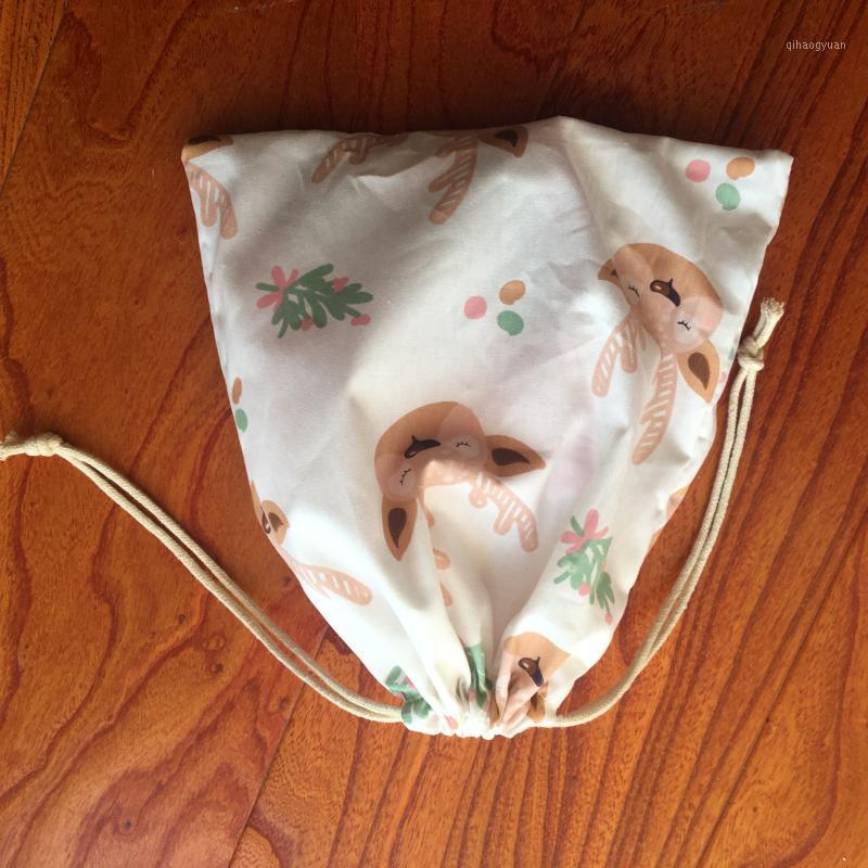 

1pc Cotton Drawstring Pouch Multi-purpose Bag White Base Cartoon Deer Christmas Party Gift Bag YILE1