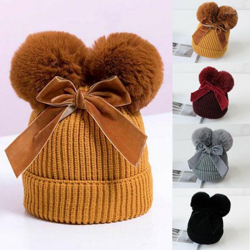 

6M-36M Baby Stuff Double Pompom Hat Winter Knitted Kids Baby Girl Hat Warm Thicker Children Infant Beanie Cap Bonnet Hats1