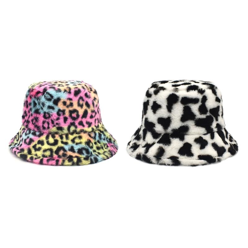 

KLV Unisex Winter Warm Fluffy Plush Bucket Hat Multicolor Leopard Milk Cow Print Wide Brim Harajuku Panama Fisherman Cap