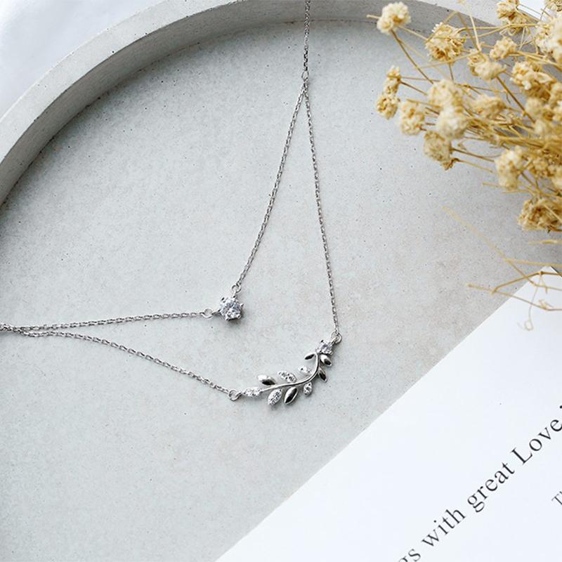

Simple and Versatile Student Clavicle Chain S925 Sterling Silver Zircon Olive Tree Double Necklace Birthday Personality Female