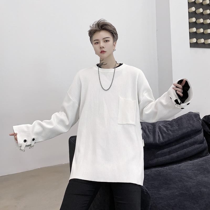 

New Male Women Couple Knitted Streetwear Hip Hop Sweater Men Side Slit Metal Button Decoration Long Sleeve Pullover Sweater, Kk1549 black
