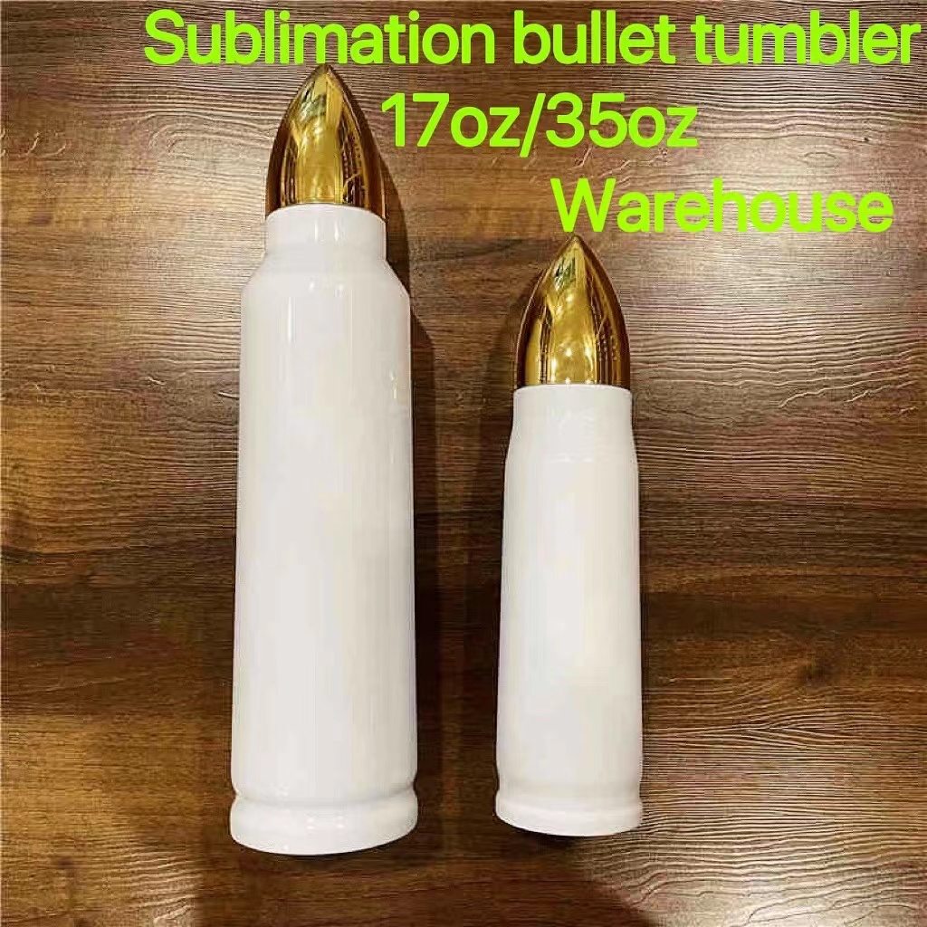 

US Warehouse 17oz 35oz sublimation Bullet Shape straight tumbler Stainless Steel Vacuum Insulated Coffee Mug Cup Travel Water Bottle For Man Gift B2, White
