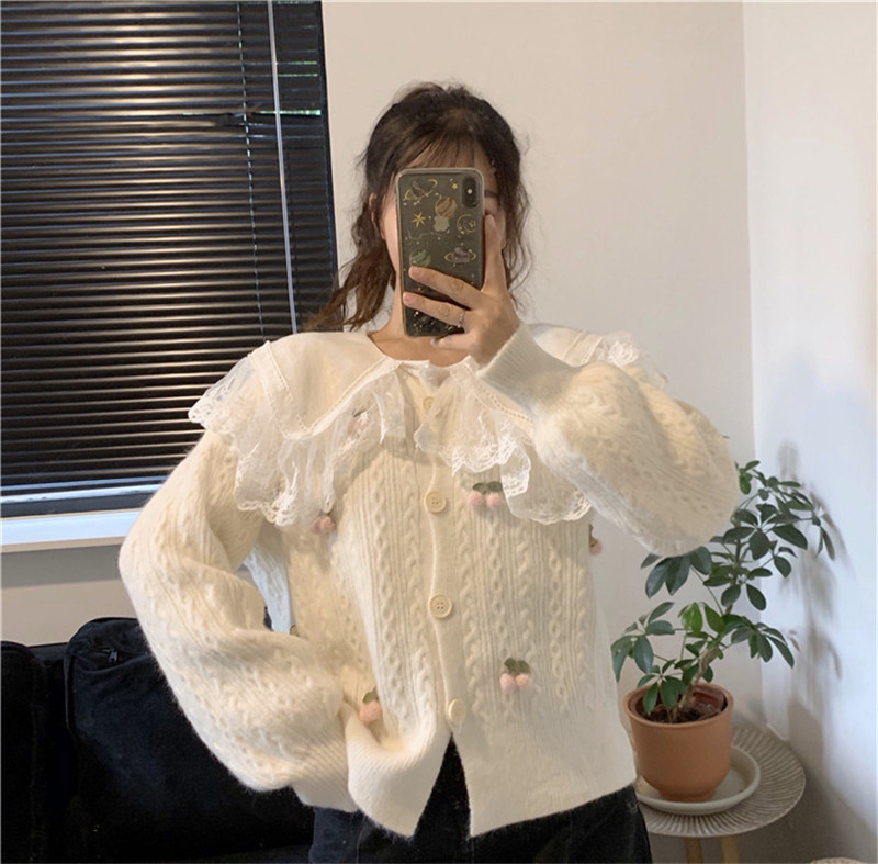 

2021 New Kawaii Female Beautiful White Shirt 2 Piece Defines Fall Peter Pan Collar Mesh Cardigan Two Pcs Suits QSA9, Only shirt