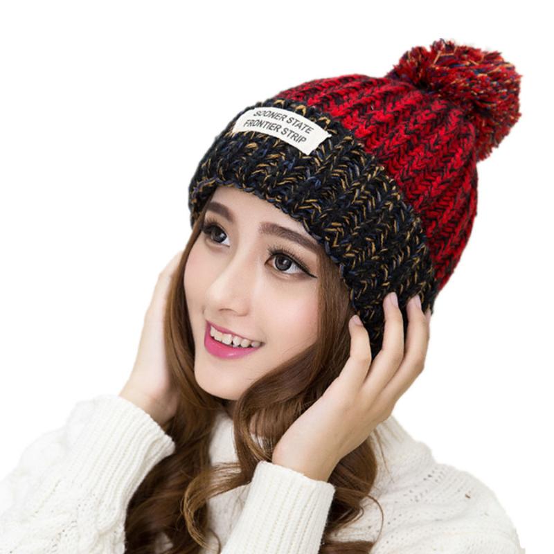 

Korea Winter Labeling Wool Hat Women Patch Thick Warm Skullies Beanies Hats Multi-color Knitted hat Female Bonnet Beanie Caps, White