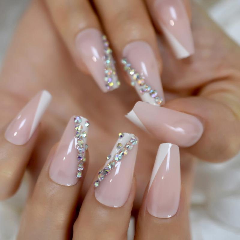 

Trapezoid French Nail Crystal AB Shine Decorative False Nails Long Ballerina Rhinestones Press On Fingernail, L5719