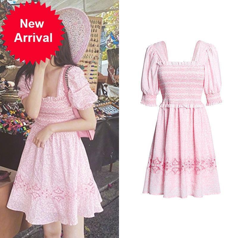 

New Runway 2021 New Sexy Female Sweet Pink Square Turtleneck Women' Summer Fashion Puff Short Floral Sleeve Dress Party Clothes FI5A, Blue