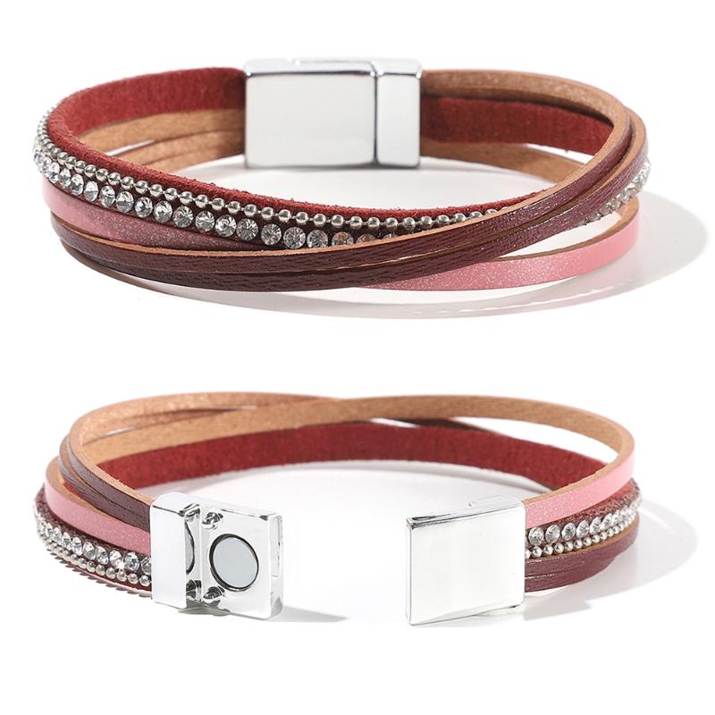 

Ant Angel Leather Wrap Bracelet Multilayer Bling Crystal Wide Cuff Bracelets with Magnetic Buckle for Women Girls