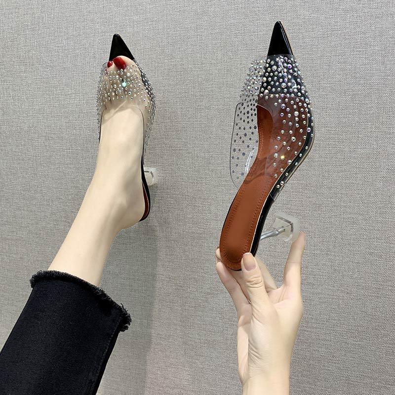 

Women Sandals Pointed Toe Slippers Summer Fashion Ladies Shoes Transparent PVC High Heels Peep Toe Female Pumps Sexy Footwear, Silver