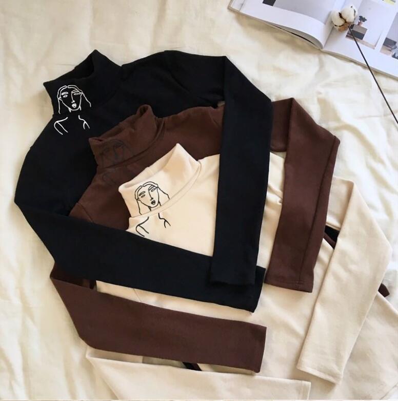 

Autumn new high collar long sleeve retro Slim printed T-shirt female 201125, Beige