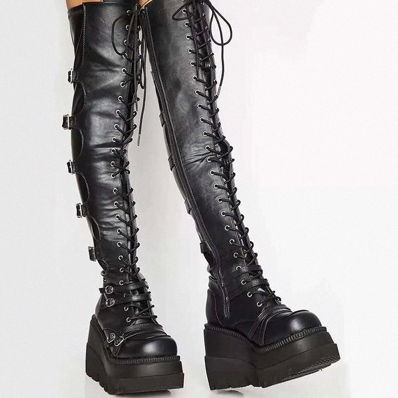 

Female High Platform Thigh High Boots Fashion Buckle Punk Heels Boots Women Wedges Shoes Woman Brand Design #JO1L, Black