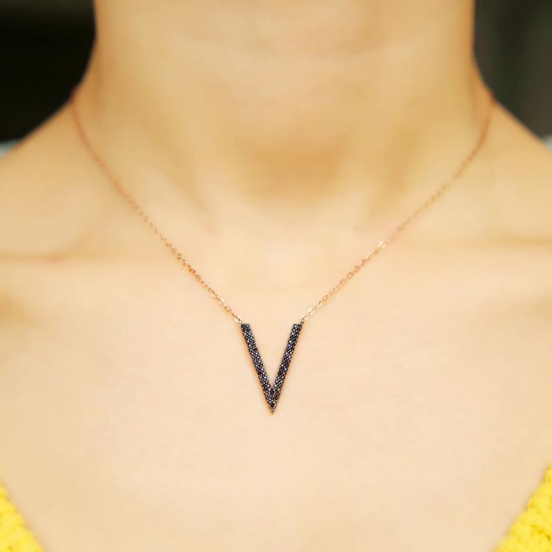 

2020 V Shape Triangle charm with black cz Layer Geometric Pendant chains women Necklaces 925 silver Statement Necklace Jewelry