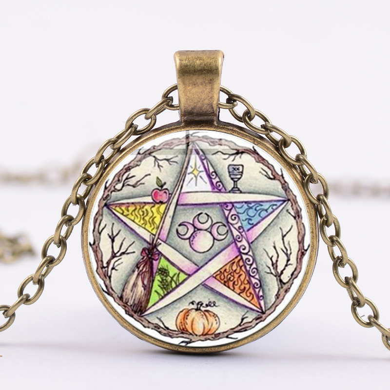 

Supernatural Esoteric Pentagram Necklace Tree of Life Triple Moon Wicca Star Glass Gem Pendant 4 Colors Long Chain Amulet