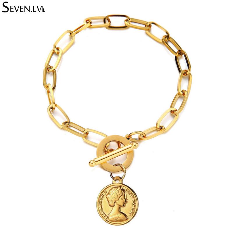 

Round coin Queen Elizabeth Pendant Bracelet high quality stainless steel chain jewelry OT Clasp Charm Bracelets for women men