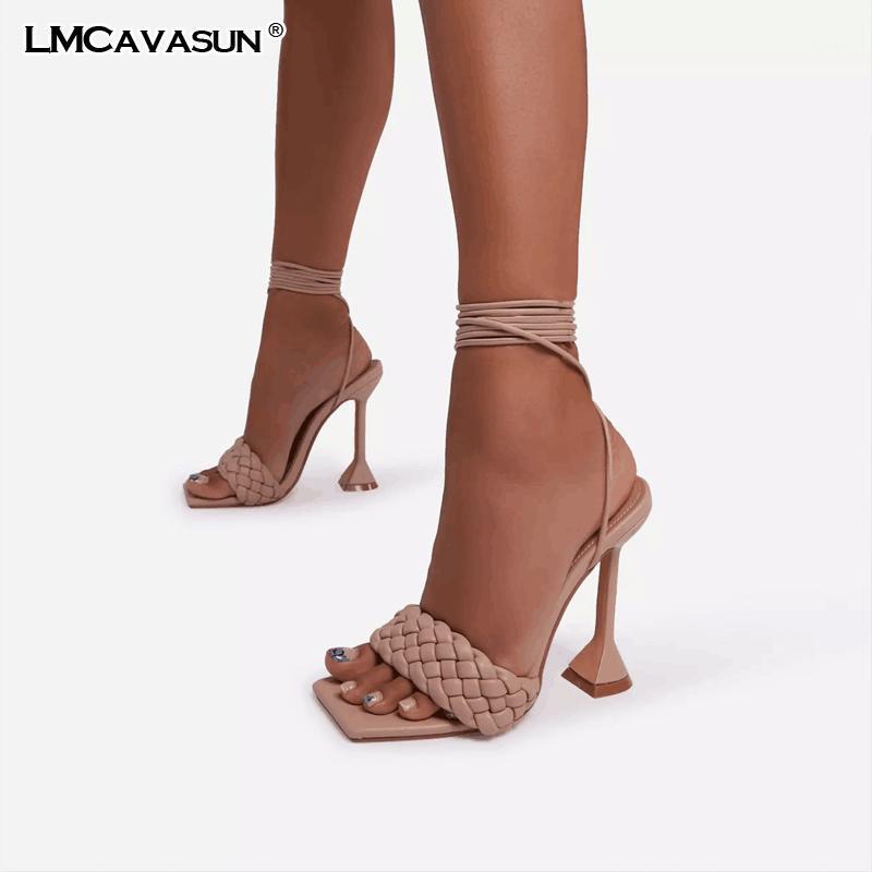 

LMCAVASUN Ddesign weave sandals heels women high heels square open toe ladies shoes cross-strap summer sandals women shoes1, Black