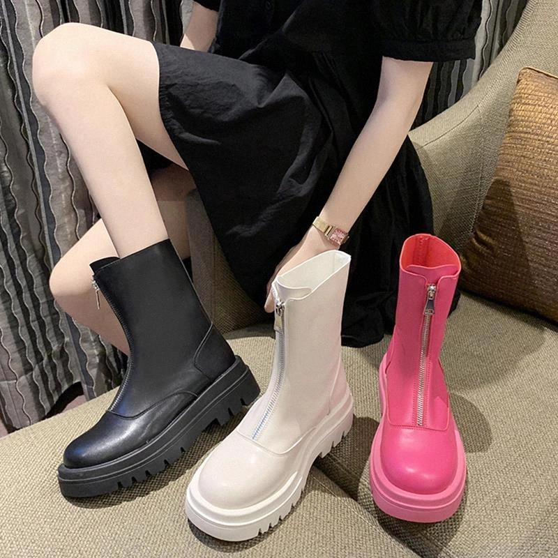 

2020 New Platform Boots Female Winter Shoes Zipper Women Ankle Boots Pu Leather White Motorcycle Shoes Women Booties #oc09, Beige