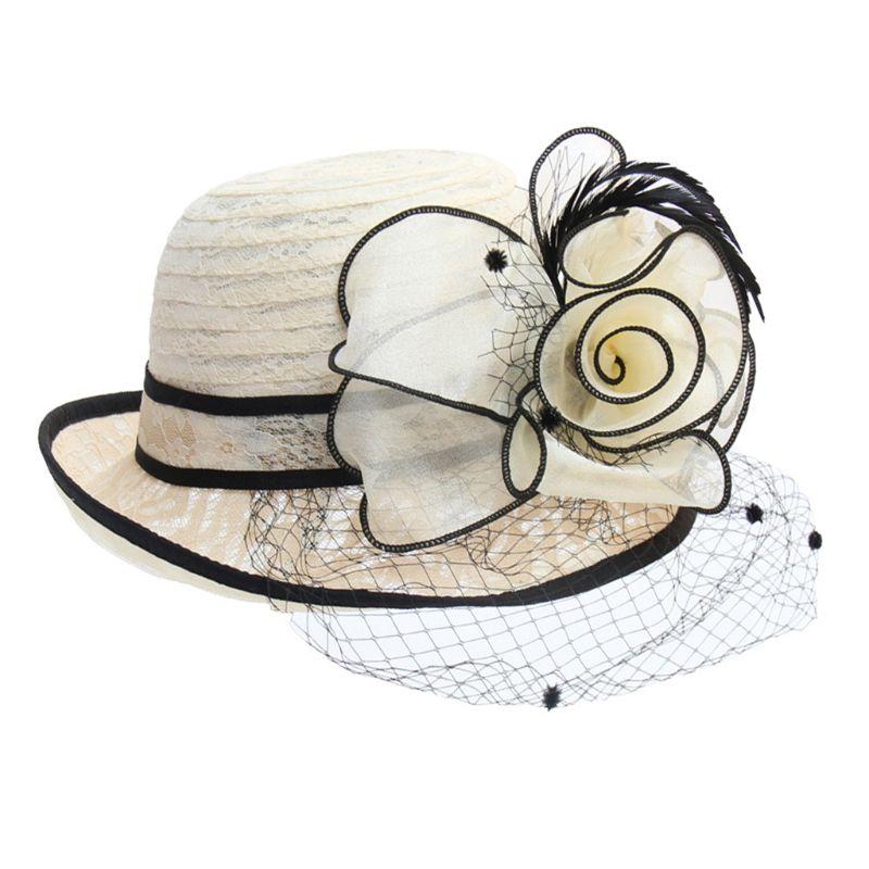 

Women Retro Lace Cloche Hat Mesh Veil Floral Wedding Fascinator Cap, Black beige