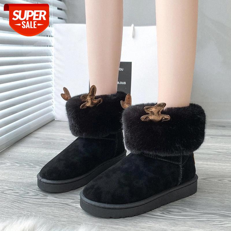 

Lucyever Lovely Elk Horn Winter Ankle Boots for Women Low Heel Long Plush Warm Shoes Woman Soft Thicken Fur Platform Snow Boots #YJ3P, Beige