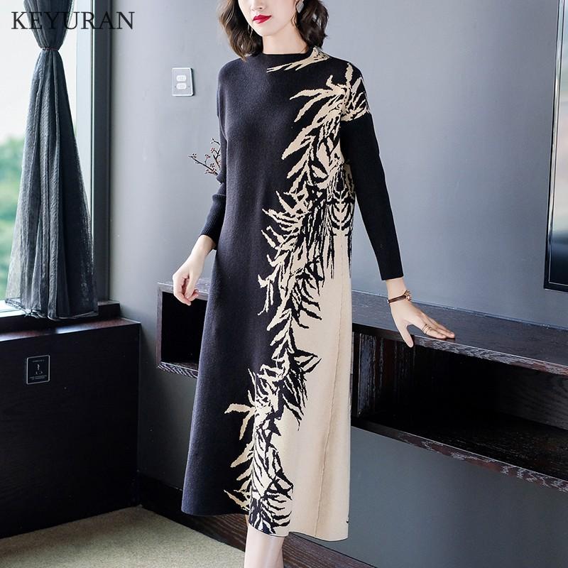 

2021 Autumn Winter Women Print Cashmere O Neck Knitted Patchwork Dress Plus Size Female Loose Tricot Pullovers Sweater Dresses, Photo color