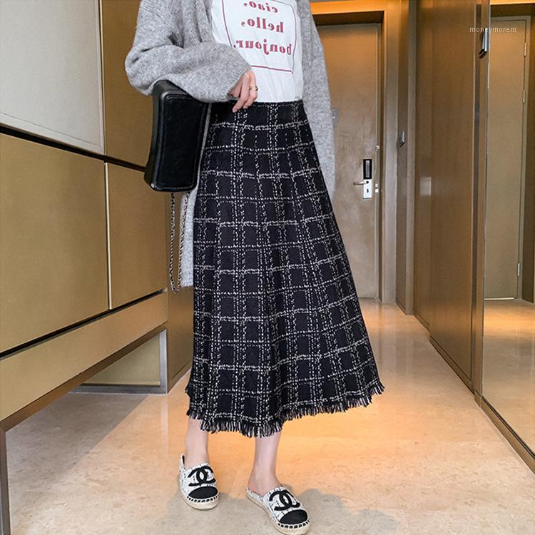 

Spring Autumn Vintage Plaid Knitted Midi Skirt Womens Hem Tassel Elegant Office High Waist A Line Skirts Female Faldas1, Black