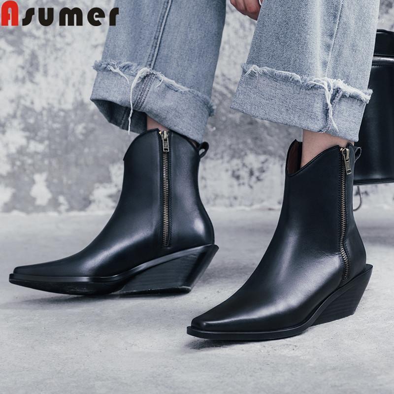 

ASUMER 2020 new genuine leather boots square toe zip high heels shoes classic wedges boots classic ankle for women1, Black