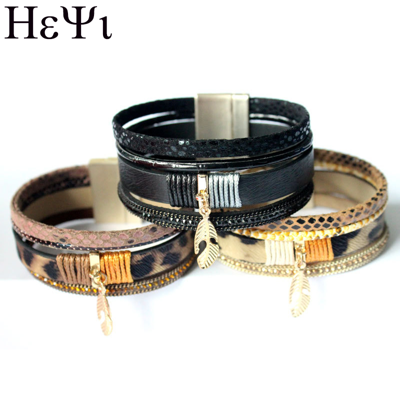 

2020 fashion new brown horse hair leaves pendant layered woven pure hand magnet buckle female boys neutral bracelet