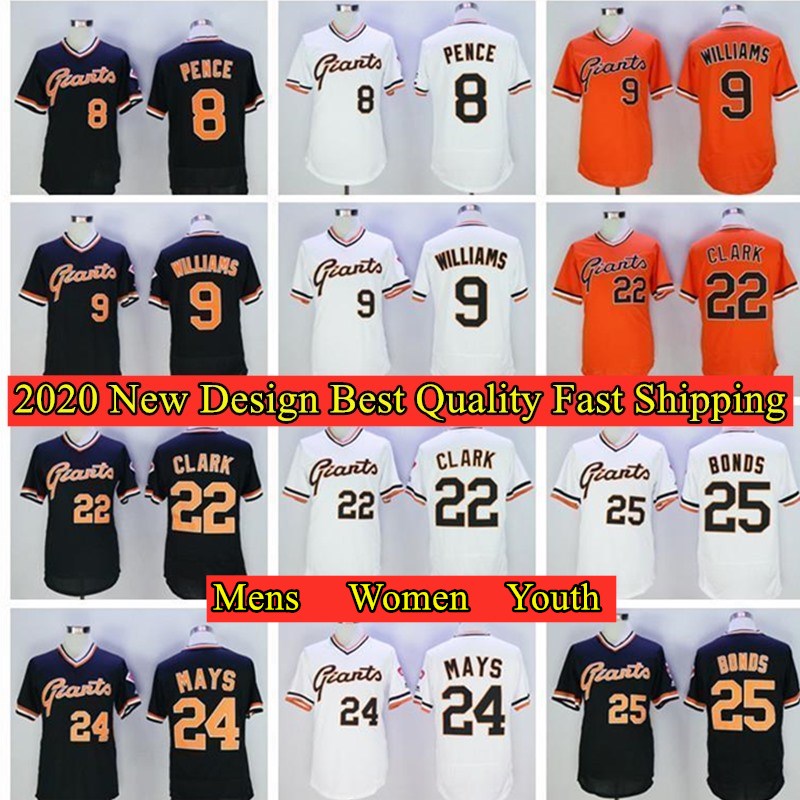 

8 Hunter Pence 9 Matt Williams 24 Willie Mays 25 Barry Bonds Will Clark Baseball Jersey, Blue;black