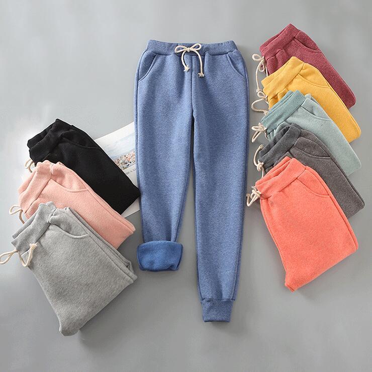 

2021 New Thickened Fleece Sports Pants Sweatpants Autumn Winter Solid Color Joggers Women Outer Wear Streetwear Casual Trousers D010, Dark red