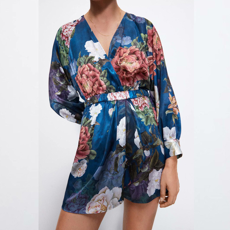 

2021 New Arrival Women's Summer Floral Print Jumpsuit Casual Elastic High Waist Long Sleeve V-neck Beach Romper Sexy Playsuit Fd02