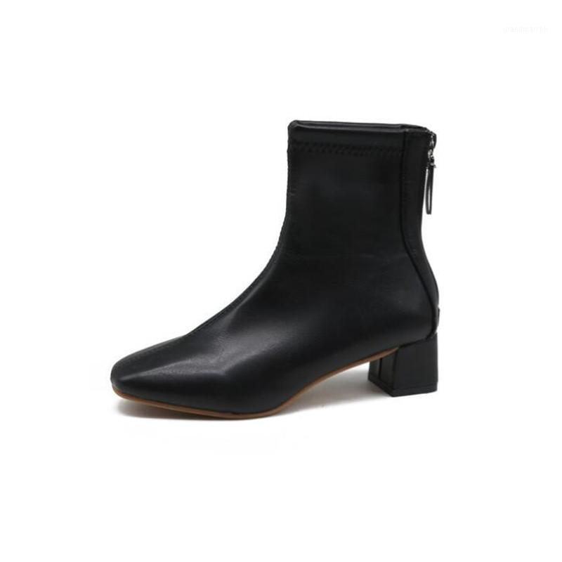 

2020 autumn winter square toe all-match plus velvet mid-heel thin boots British style boots thick heel short women1, Beige